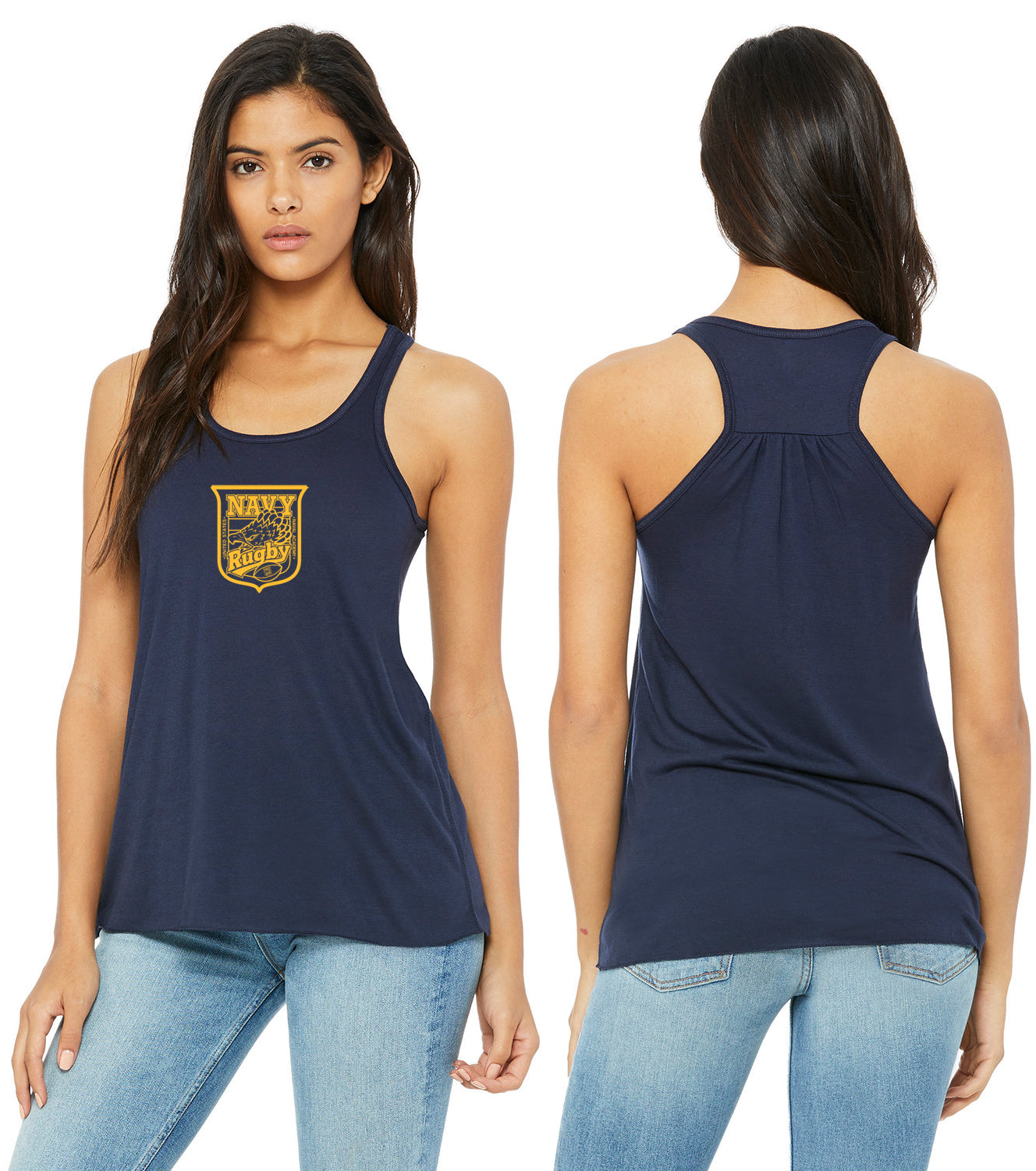 Navy Crest Tri Blend Racer Back Tank Top Navy / Gold (Bella+Canvas)