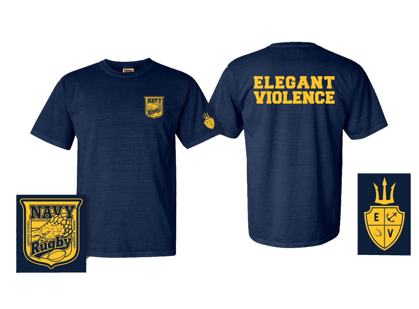 Navy Crest Elegant Violence Tri Blend T-Shirt Navy / Gold - Slim Fit (Bella+Canvas)