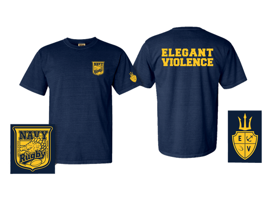 Navy Crest Elegant Violence T-Shirt Navy / Gold - Relaxed Fit (Comfort Colors)