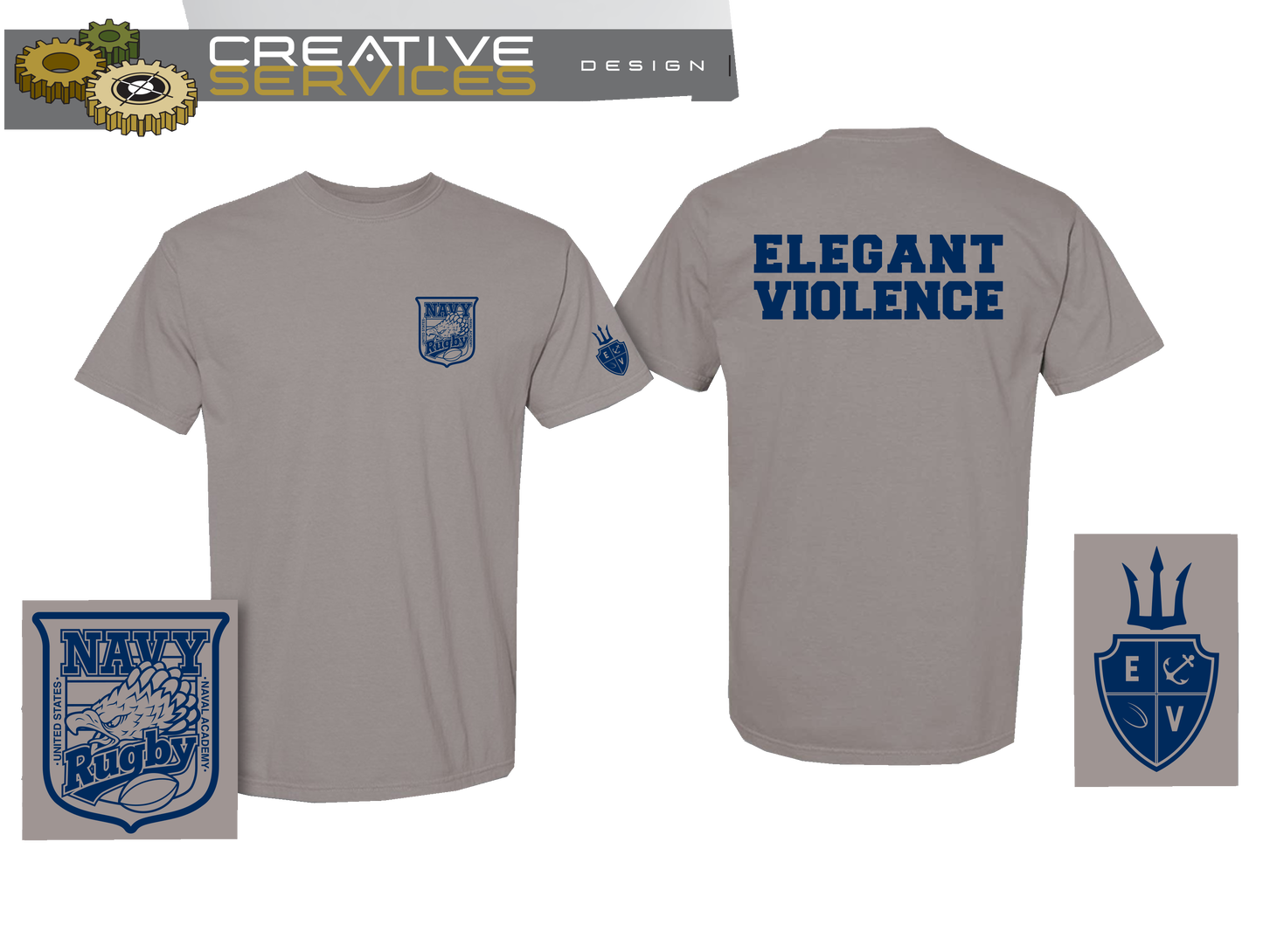 Navy Crest Elegant Violence T-Shirt Gray / Navy - Relaxed Fit (Comfort Colors)