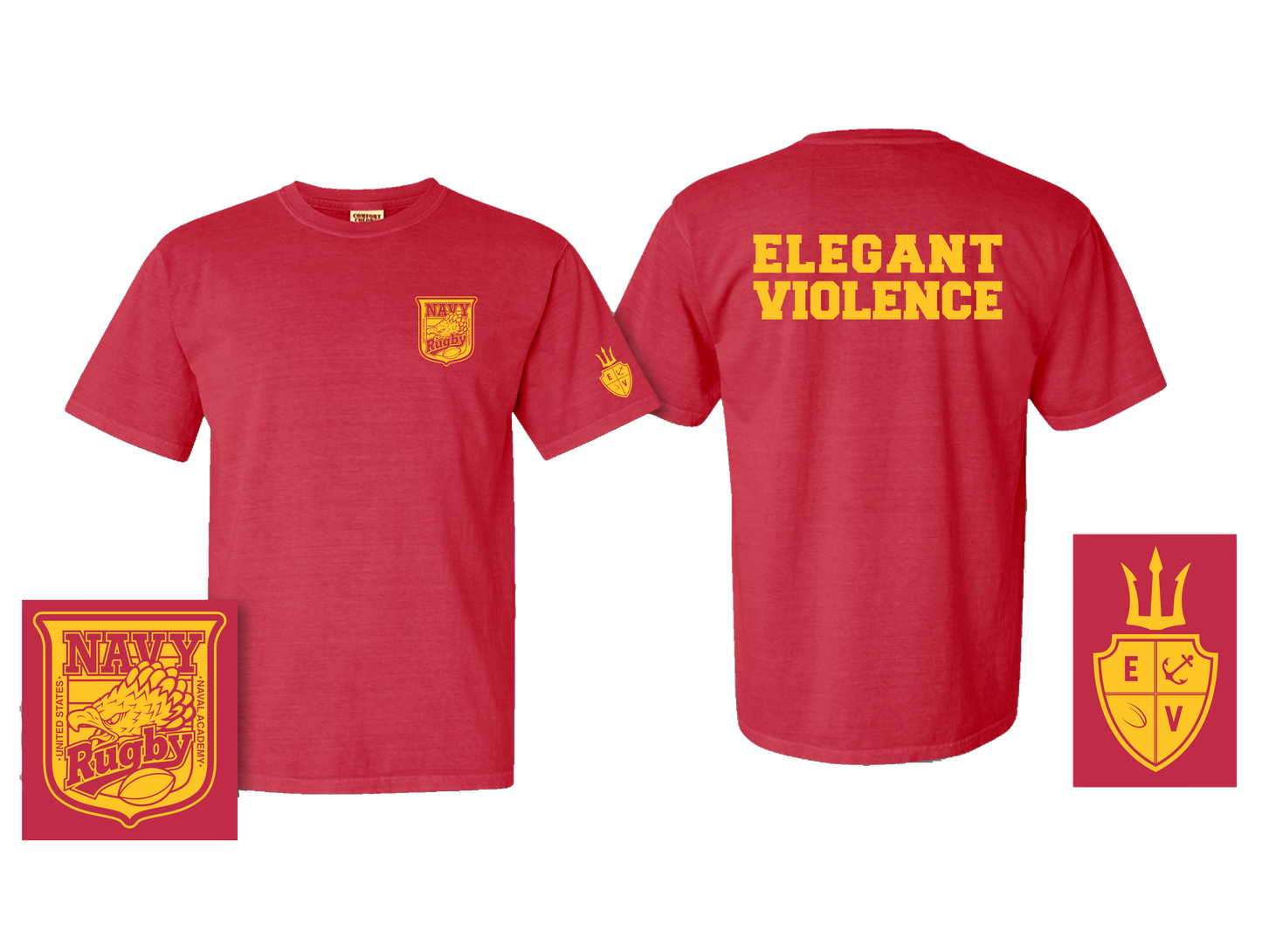 Navy Crest Elegant Violence T-Shirt Red / Gold - Relaxed Fit (Comfort Colors)