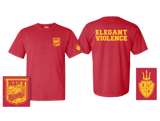 Navy Crest Elegant Violence T-Shirt Red / Gold - Relaxed Fit (Comfort Colors)