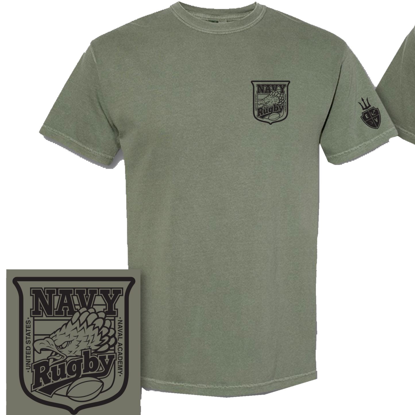 Navy Crest Blank Back T-Shirt Green / Black - Relaxed Fit (Comfort Colors)